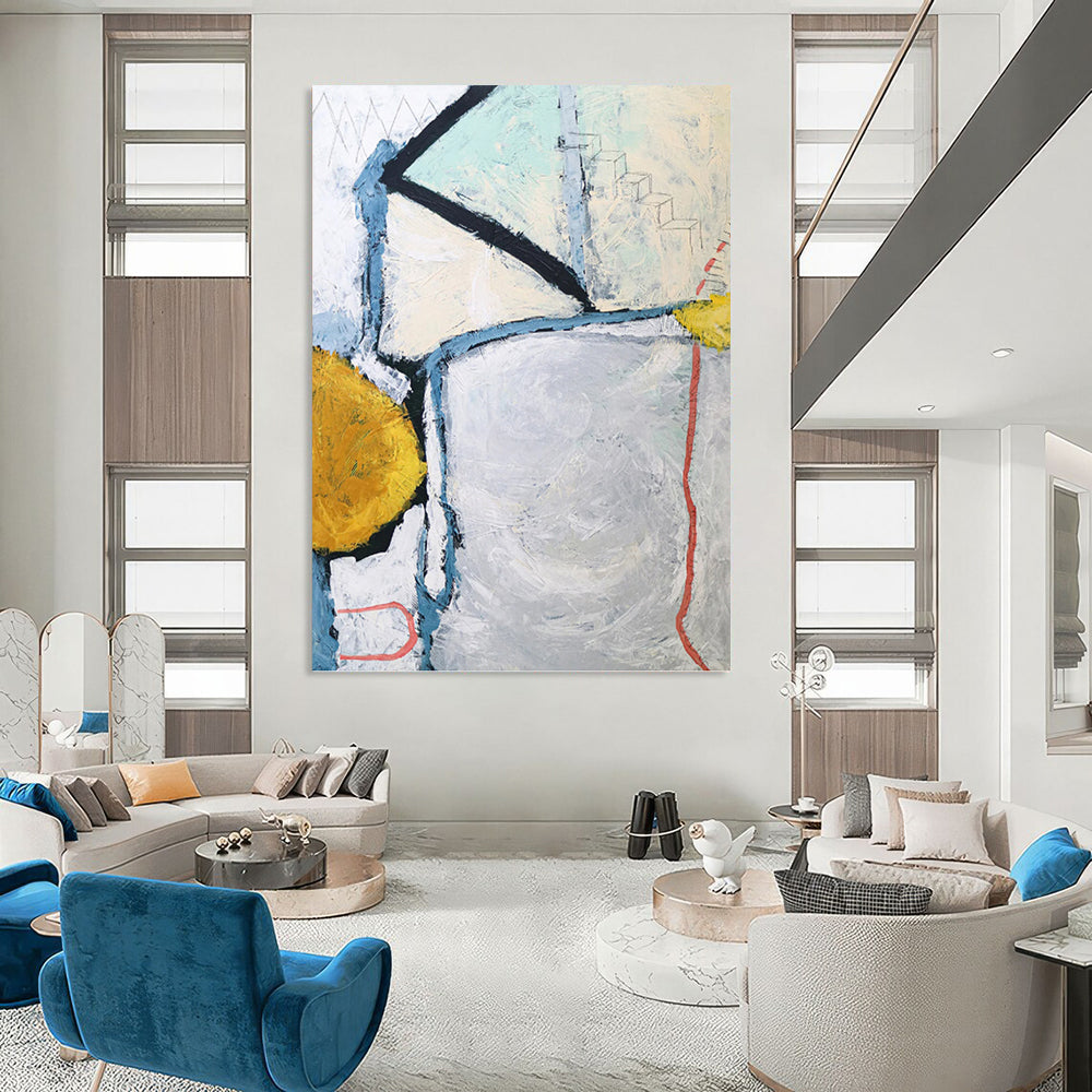 “Gray - Toned Abstract with Blue, Yellow, and Red Accents” - Dynamic Abstract Painting On Canvas DKH1105