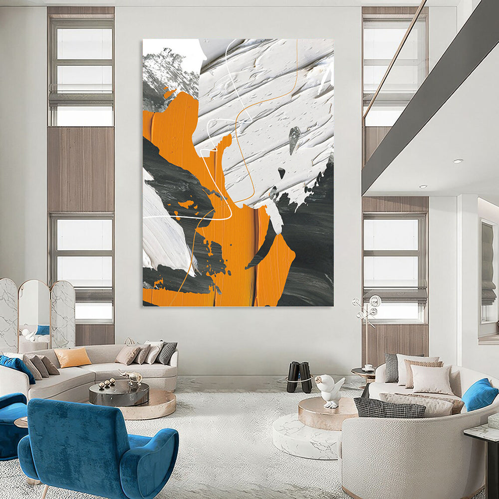 “Dynamic Forms” - Orange, White, Gray & Black Abstract Lines Painting On Canvas DKH1528