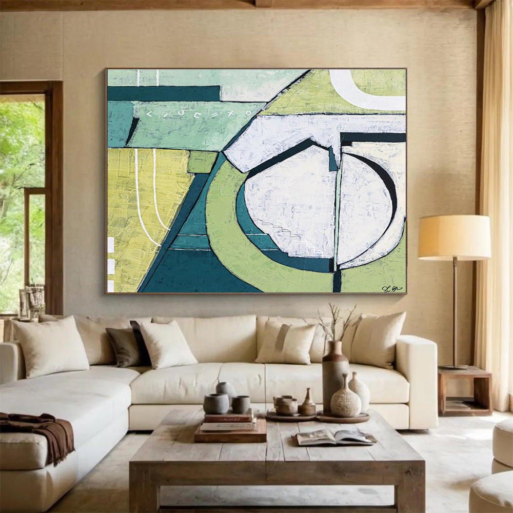 “Green - White Geometric Abstraction” Abstract Mixed - Media Painting On Canvas DKH543