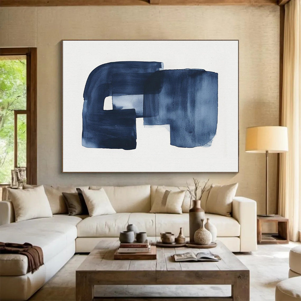 Navy Blue Abstract “G” - Shaped Form, “Inky Monogram” - Abstract Ink Painting CT0749