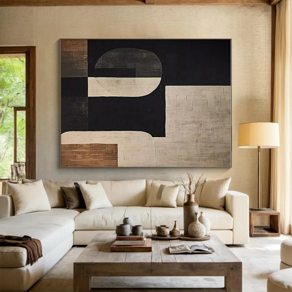 “Black - White - Brown Geometric Abstract” ,Abstract Acrylic Painting CT0862