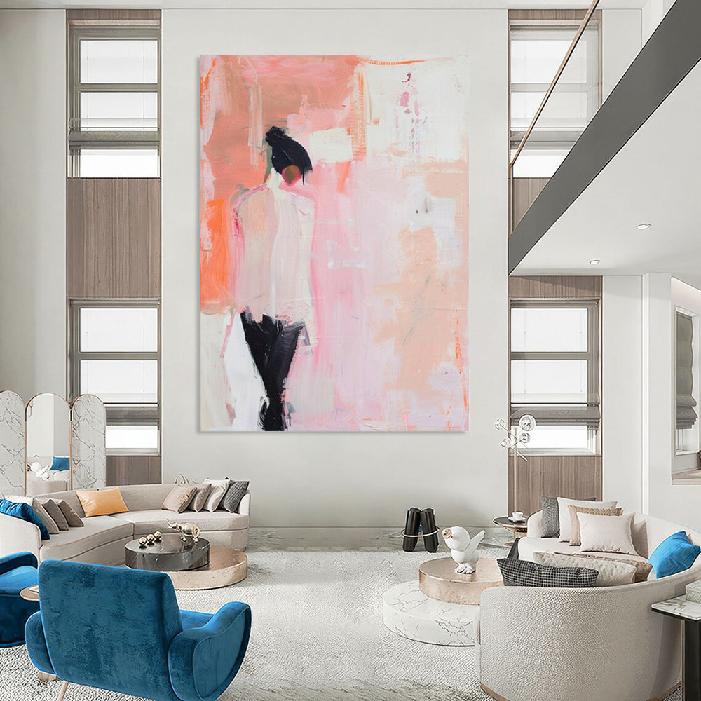 “Minimalist Figure in Pink” - Pink & Black Abstract Figure Painting On Canvas CT2205