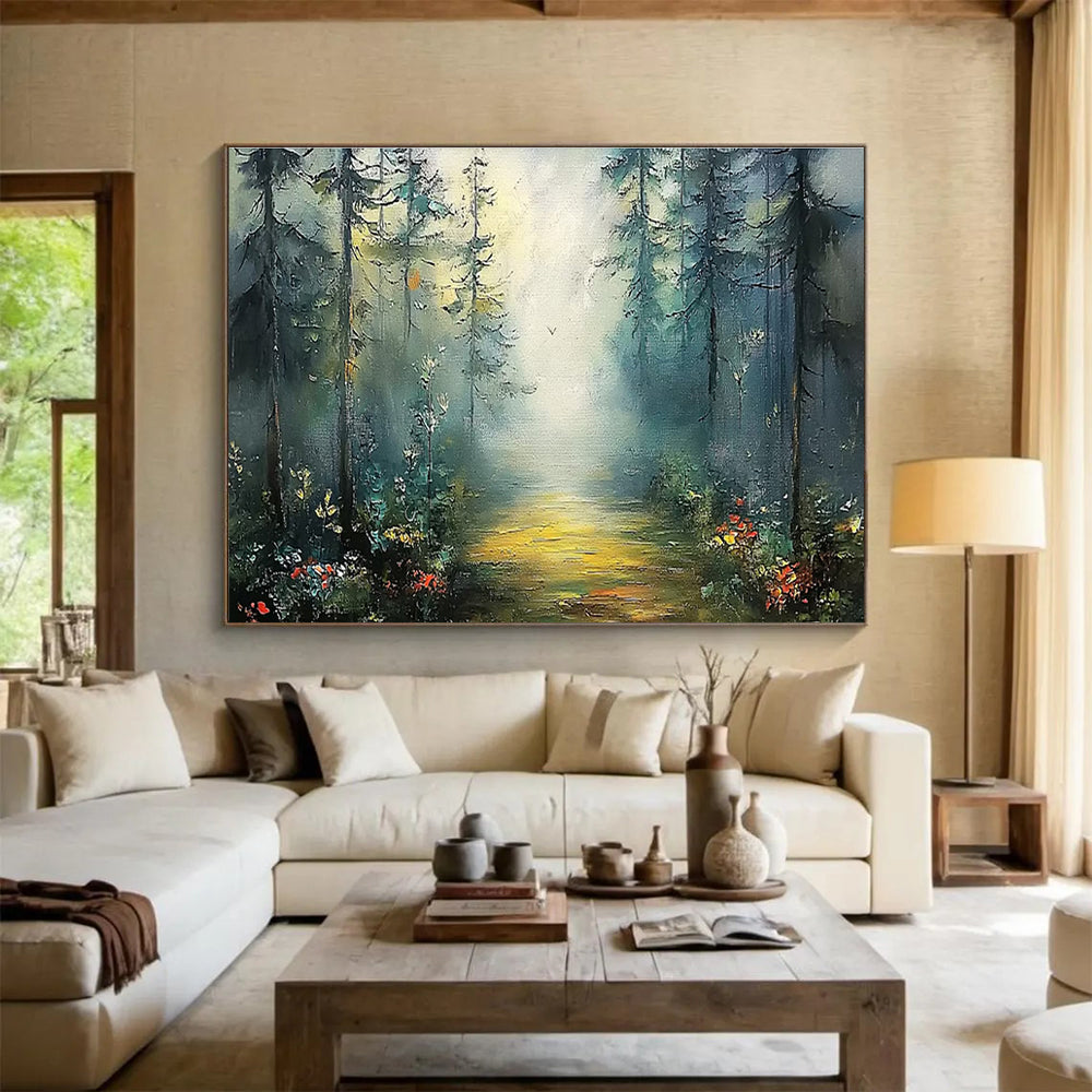 Misty Forest Path - Green & Yellow Landscape Painting On Canvas DKH871