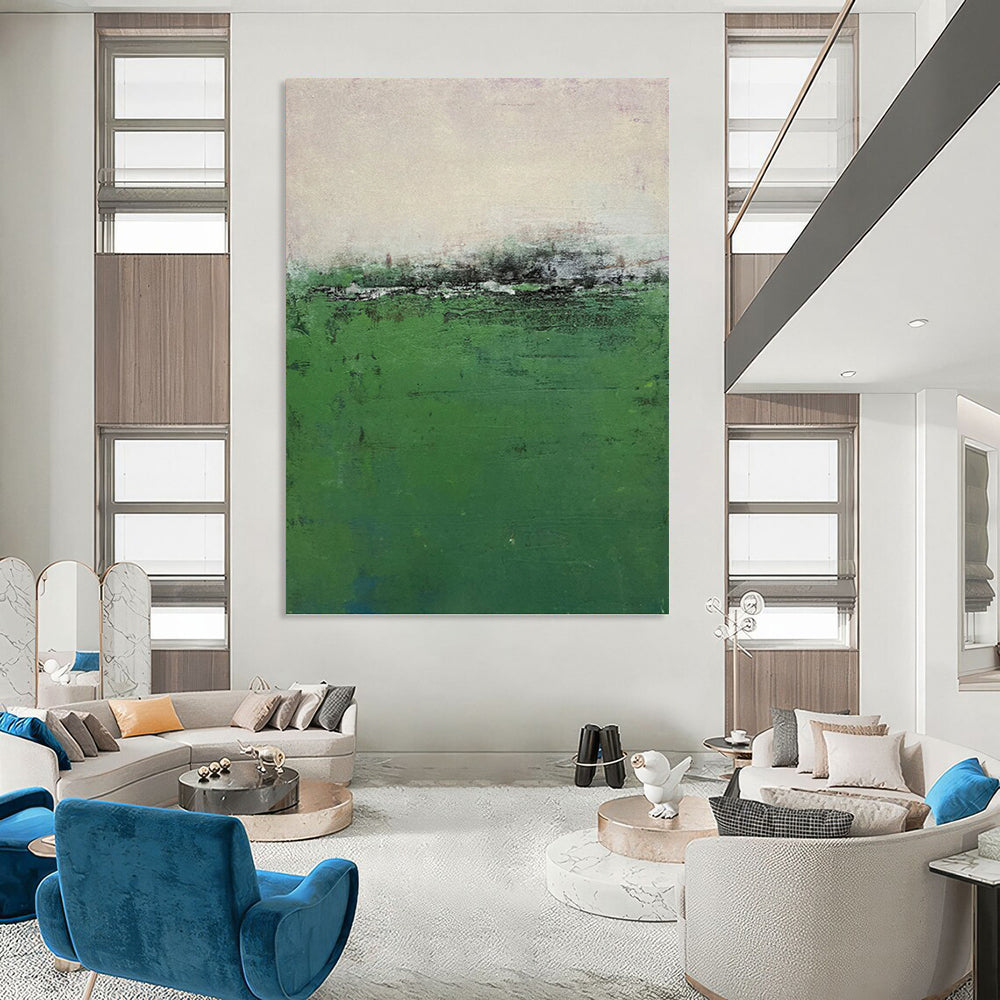 “Misty Green Field” - Green & Gray Abstract Landscape Painting On Canvas DKH1207