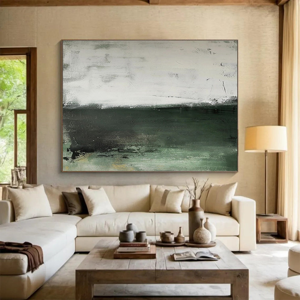 Muted Green and White Horizons Subtle Color Block Abstract Painting On Canvas DKH264