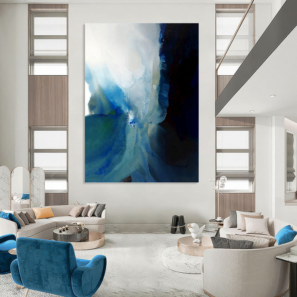 “Blue - White Ink Flow” - Blue, White & Black Abstract Watercolor Painting On Canvas DKH0941