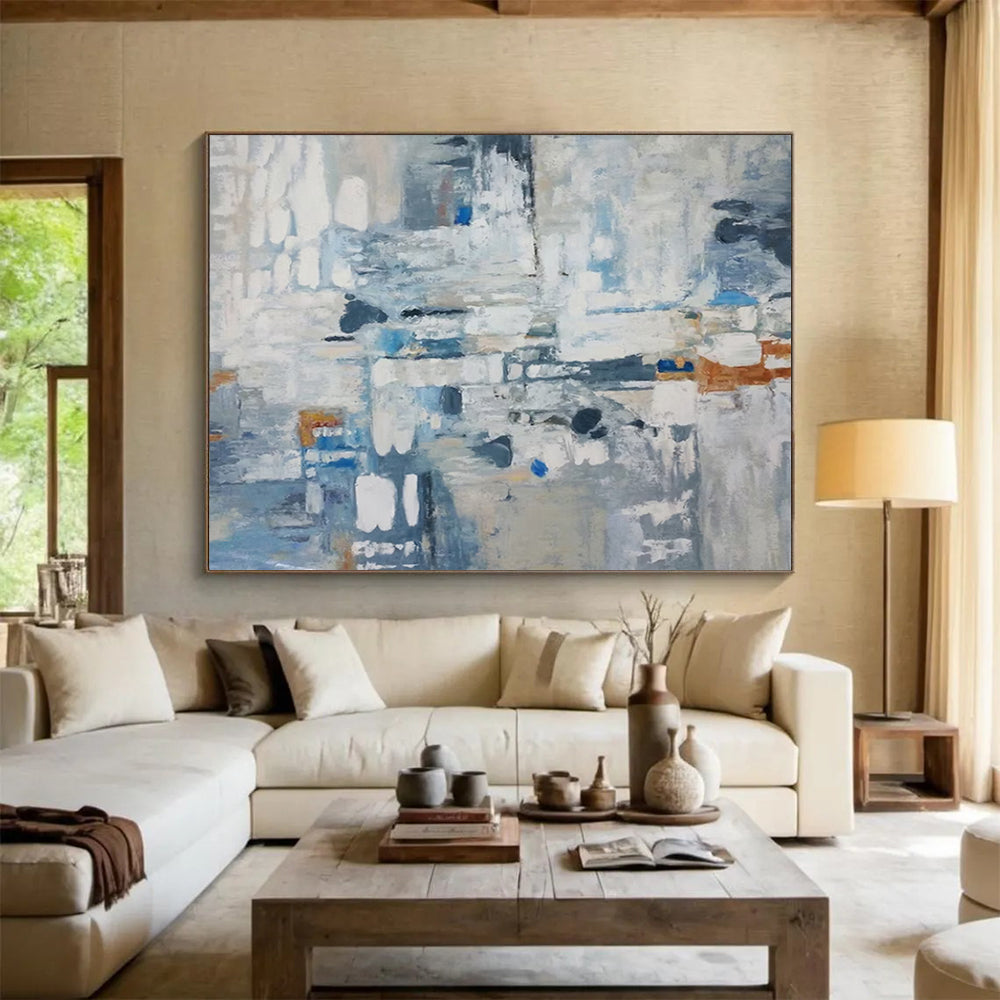 “Blue, Gray, Abstract ‘Urban Mosaic’” - Abstract Cityscape Painting On Canvas DLZ018