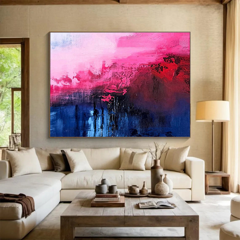 Pink and Blue Abstract Depths Vibrant Color Blended Abstract Painting On Canvas DKH268