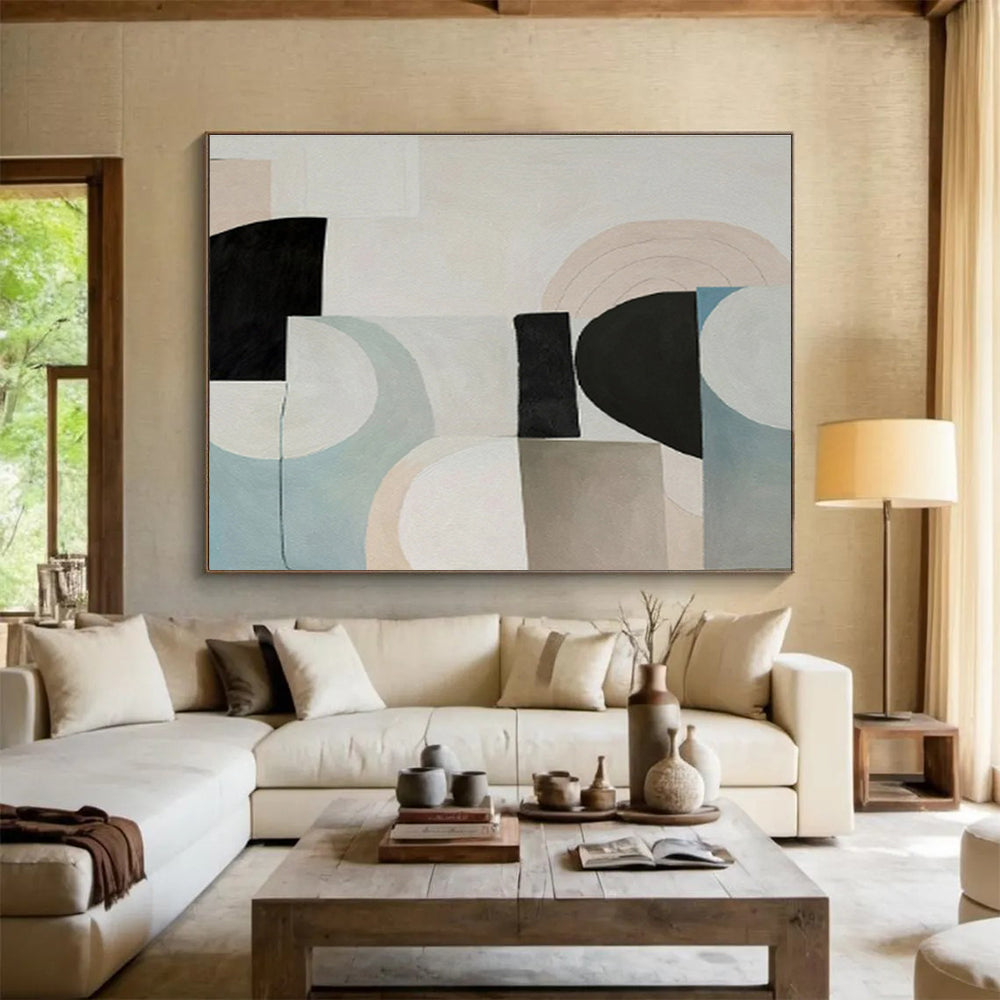 Pastel Geometric Harmony with Beige, Blue, and Black, Abstract Mid - Century - Style Painting On Canvas DKH583