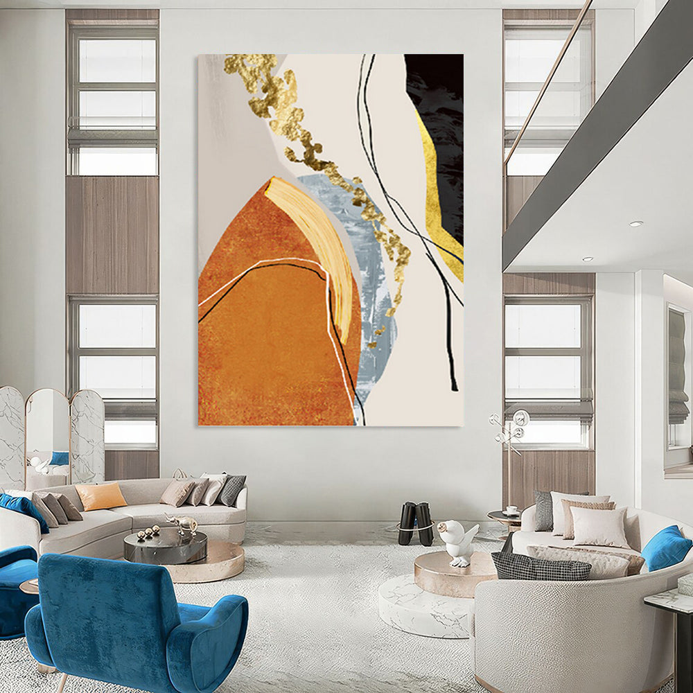 “Golden Fusion” - Orange, Gold, Blue & Black Abstract Shapes Painting On Canvas DKH1515