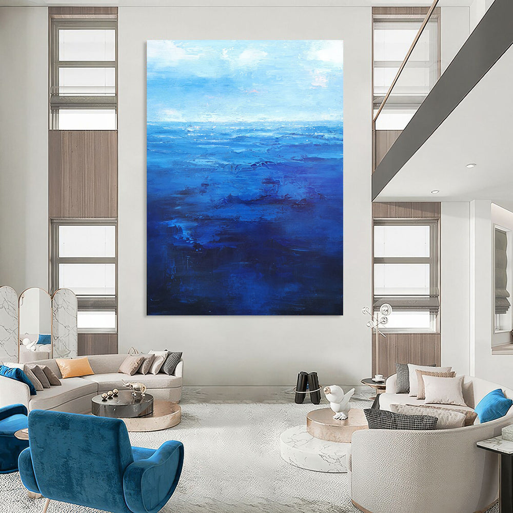 “Blue Gradient Sea ‘Infinite Depths’” - Impasto Ocean Painting On Canvas DTP345