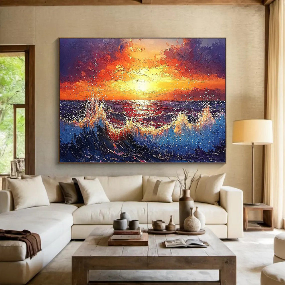 “Fiery Sunset Sea” Romanticism - inspired Seascape Painting On Canvas DLZ165
