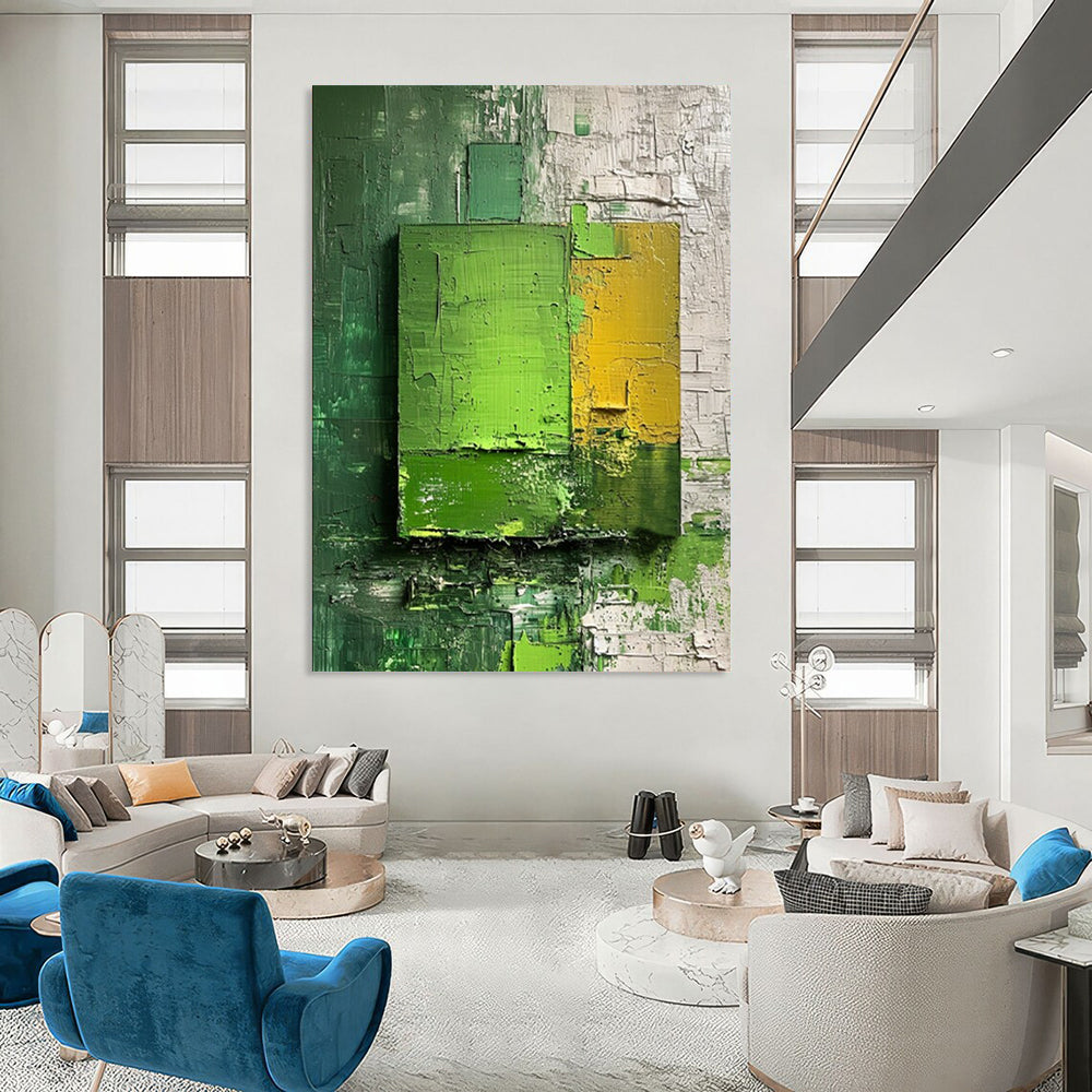 “Green - Yellow Layered Squares” - Impasto Abstract Painting On Canvas DTP030