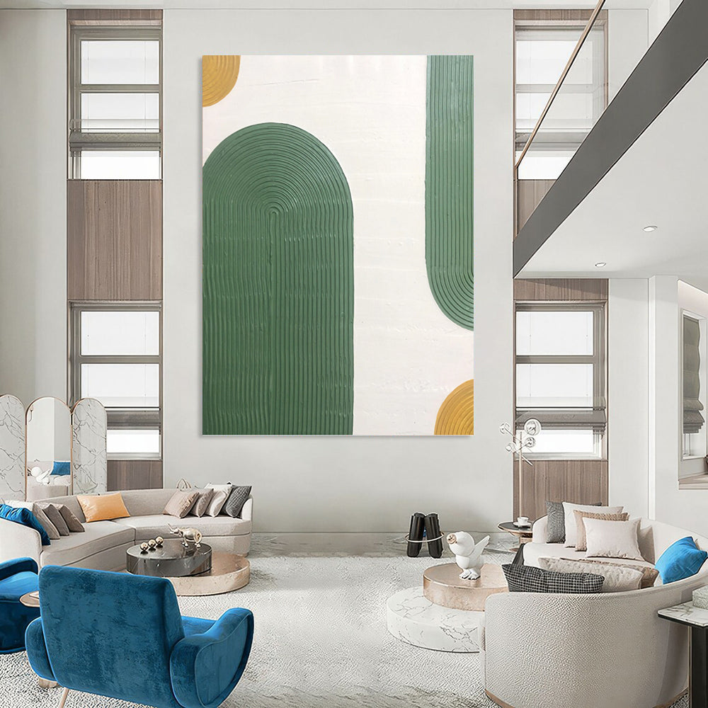 “Green Ribbon Arches” - Green, Yellow & White Textured Curves Painting On Canvas DKH1170