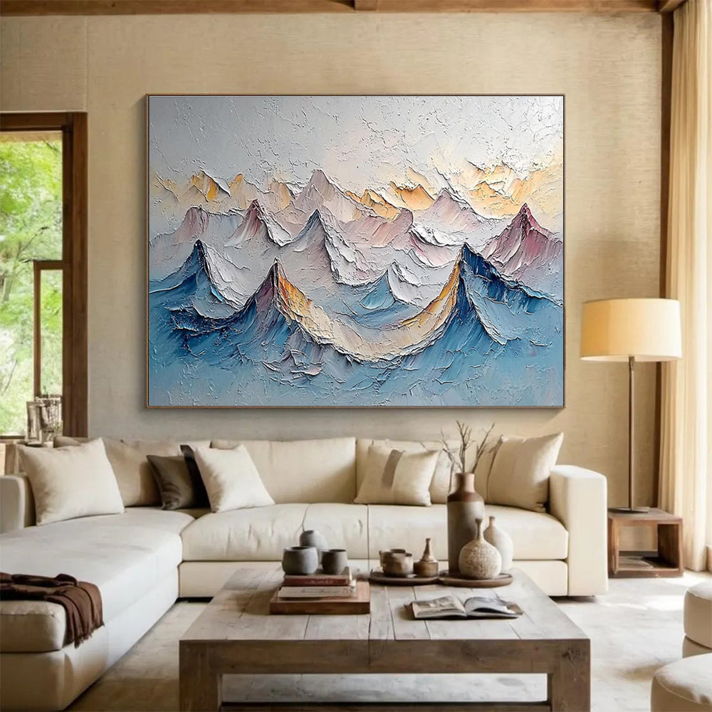 Layered Mountain Peaks - Gray, Blue & Yellow Landscape Painting On Canvas DKH902