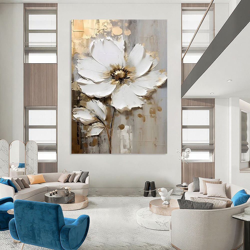 “Textured White Floral” - White, Gold, Gray 3D Flower Painting On Canvas DTP300