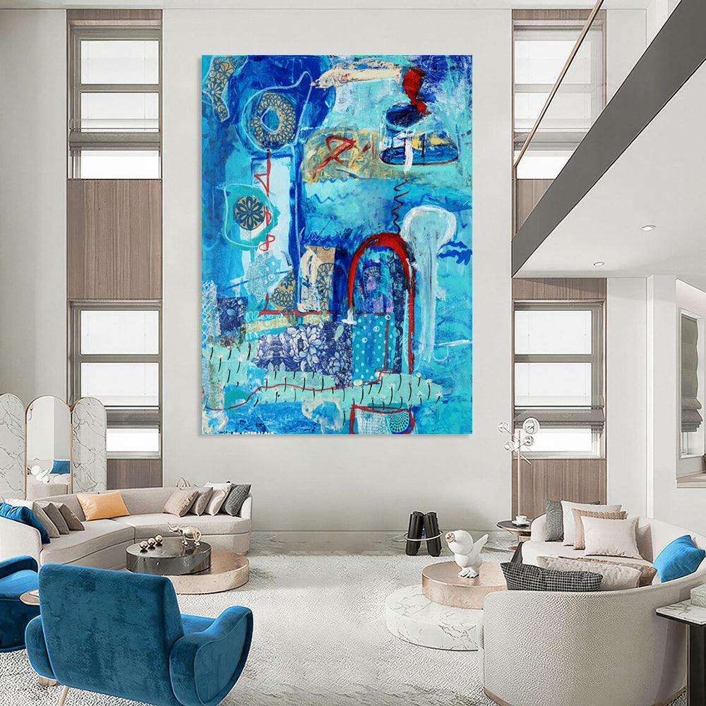 “Blue - Themed Abstract Collage” - Blue, Red, Gold Intricate Forms Painting On Canvas DTP296