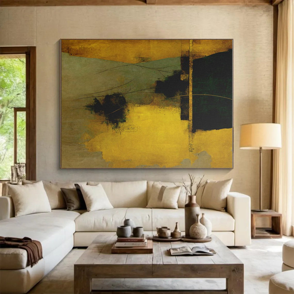Gold, Green & Brown Abstract Forms, “Earthy Elegance” - Mixed - Media Abstract Painting CT0754