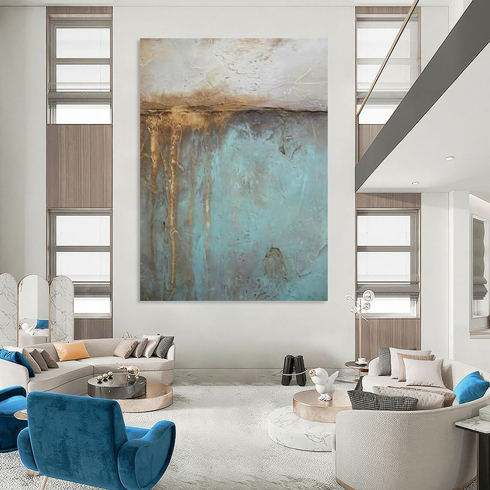 “Rustic Blue & Brown Textures” - Teal, Brown & Gray Abstract Textured Painting On Canvas DKH1191