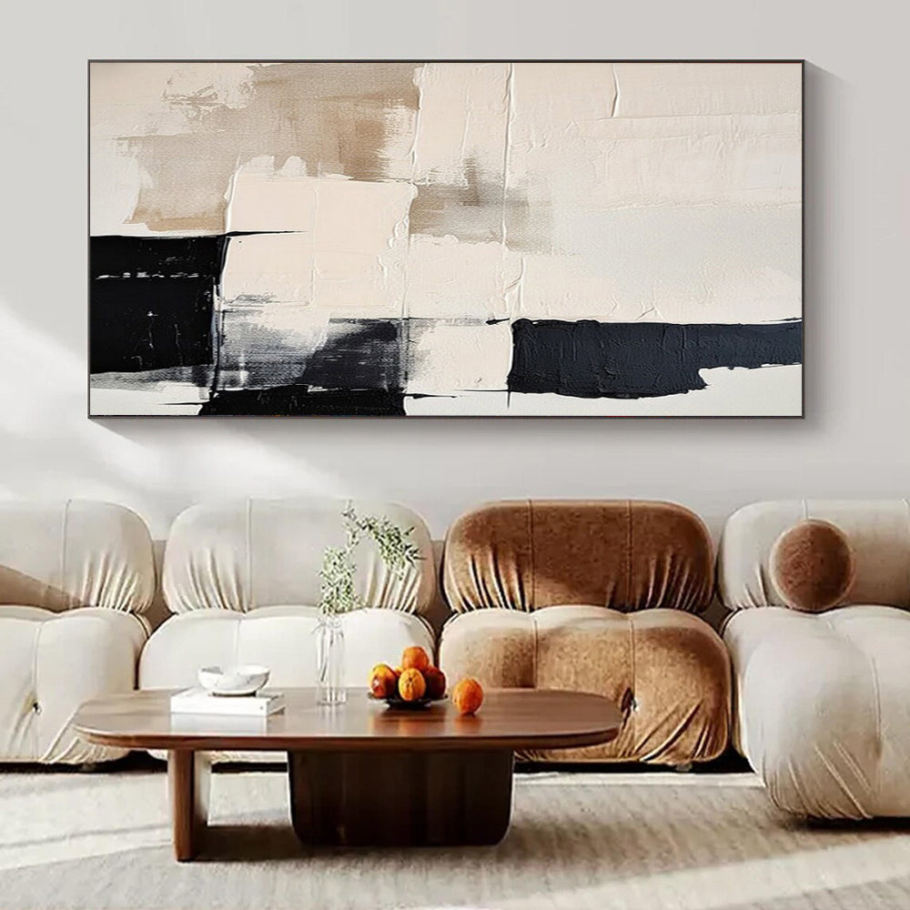 “Beige - Black & White Textured Blocks” – Abstract Block Art CT0978