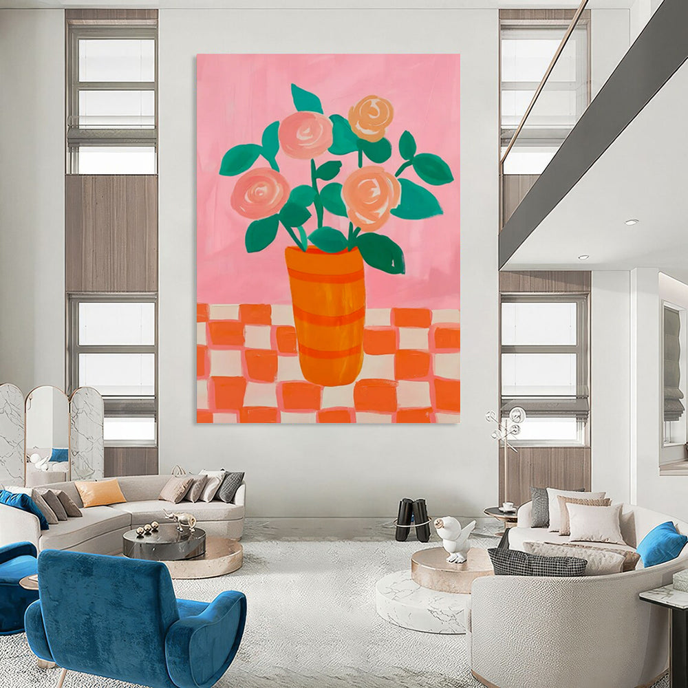Pink & Orange Floral Vase - Folk - Art - Inspired Still - Life Painting On Canvas CT2258