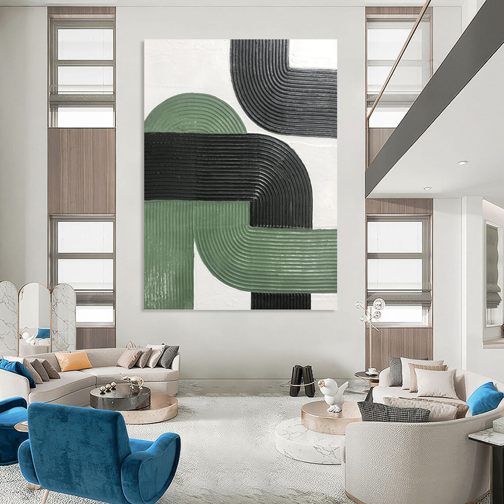 “Intertwined Paths” - Green & Black Ribbed Geometric Painting On Canvas DKH1171