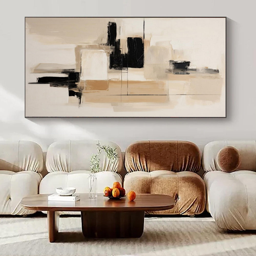 Neutral Tones with Black Blocks - Minimalist Abstract Acrylic On Canvas CT1296