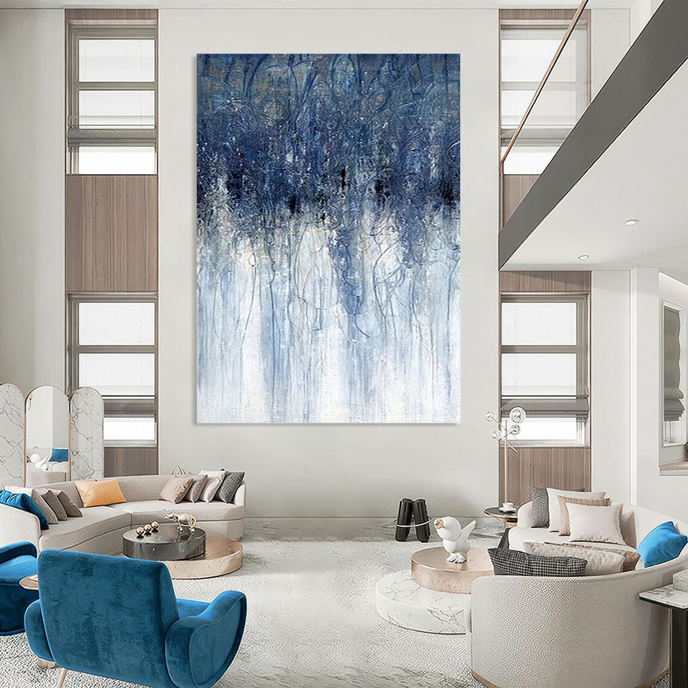 “Dripping Blues” - Blue & White Abstract Vertical Streaks Painting On Canvas DKH1537