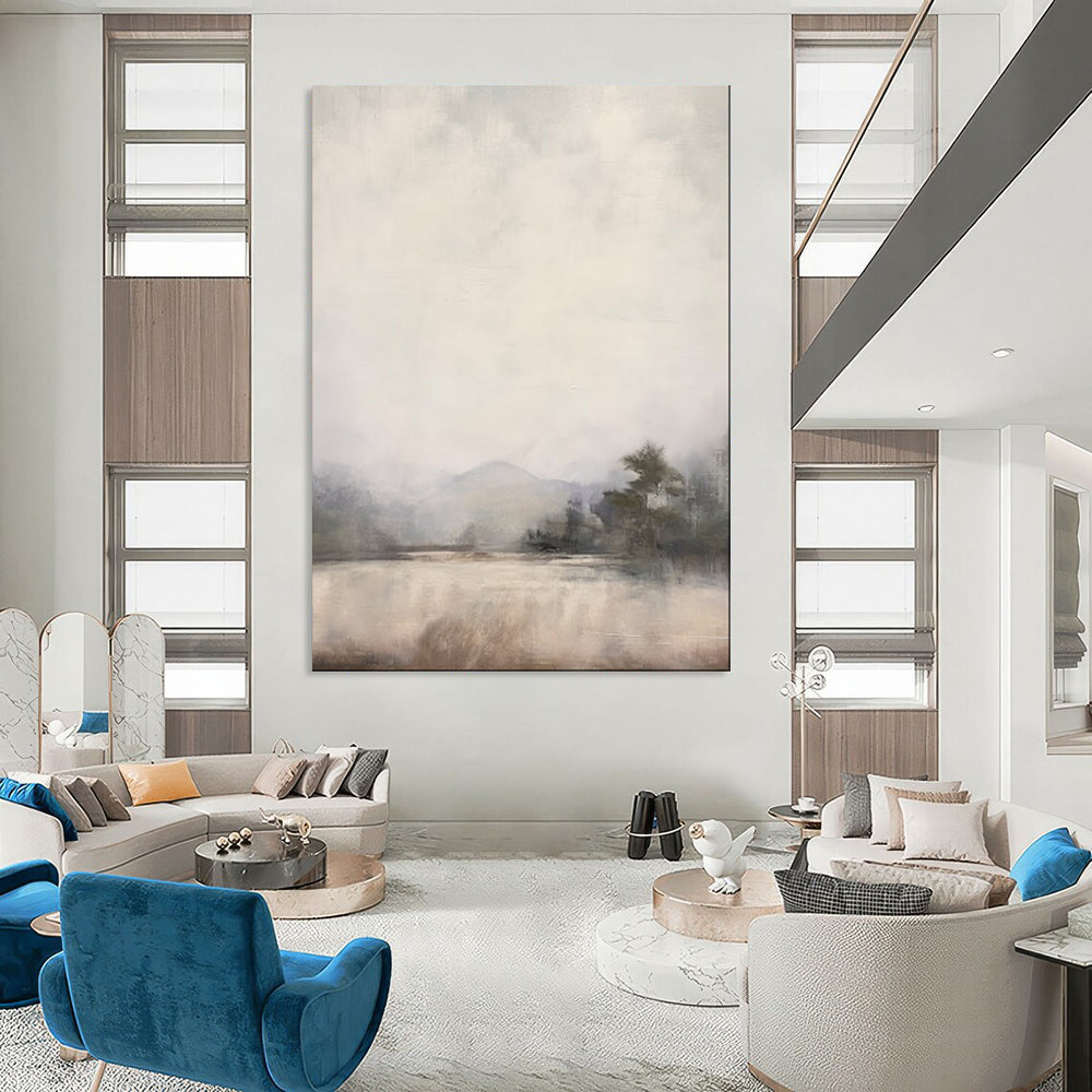 “Misty Lake Dreamscape” – Impressionistic Landscape Oil Painting with Soft Gray and Beige CT2056