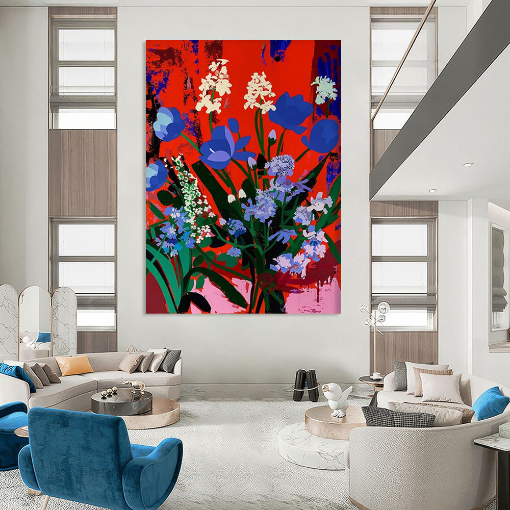 “Blue - White Flowers on Red” - Pop Art - Inspired Floral Painting On Canvas DTP101