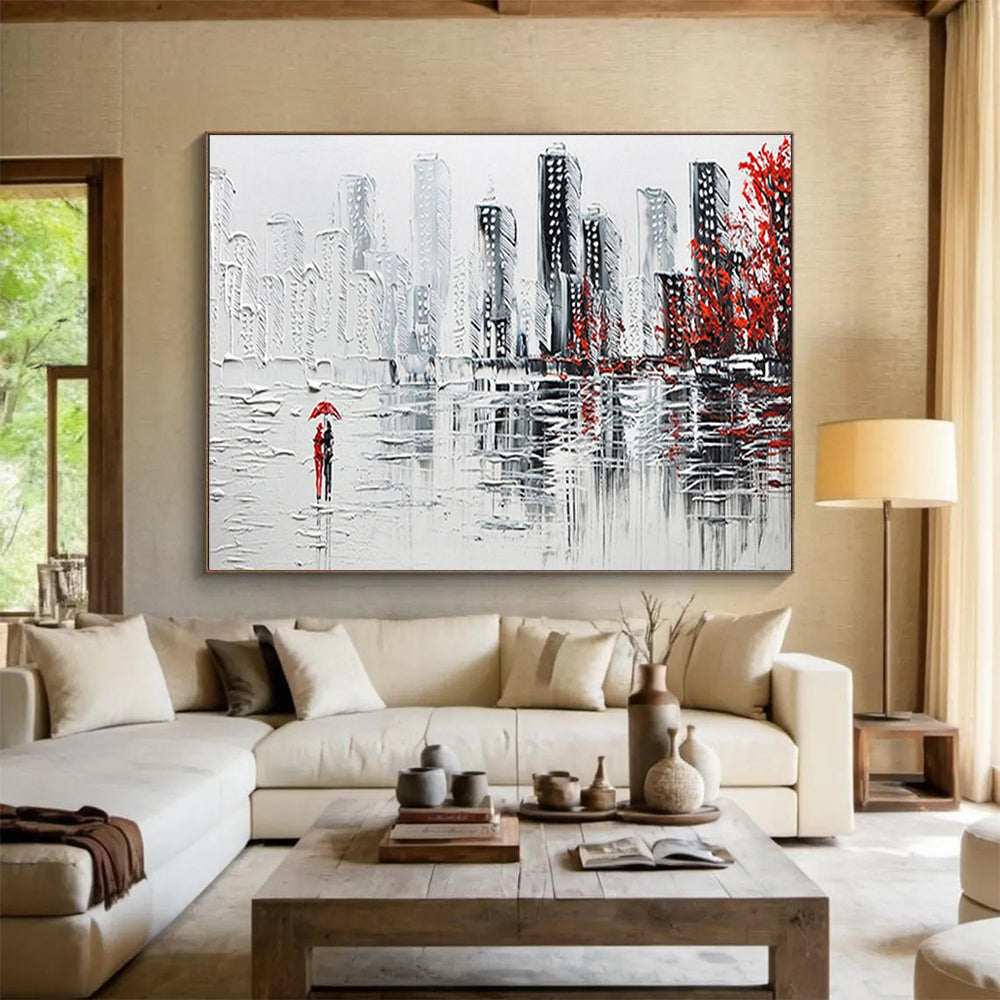 Cityscape with Red Accents - Gray, White & Red Urban Painting On Canvas DKH886