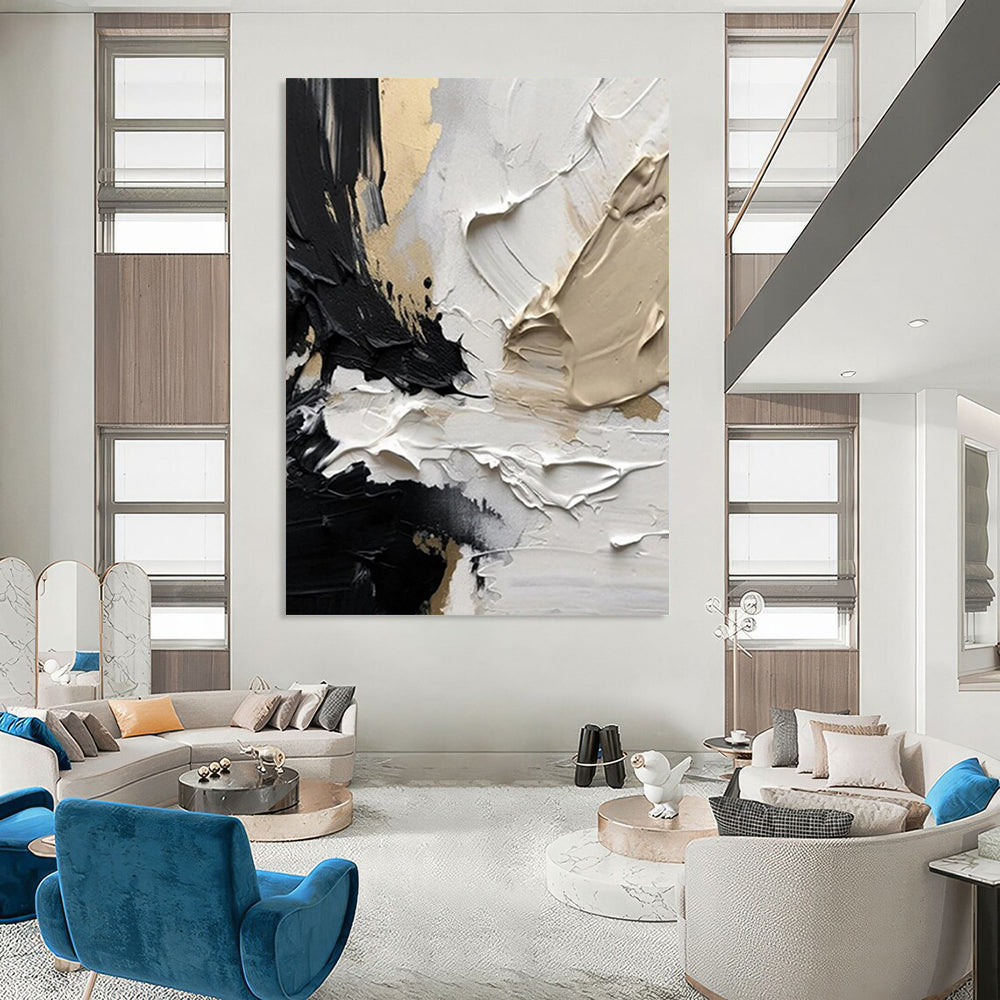 “Black - White - Gold Textured Abstract” - Black, White, Gold Impasto Painting On Canvas DTP301