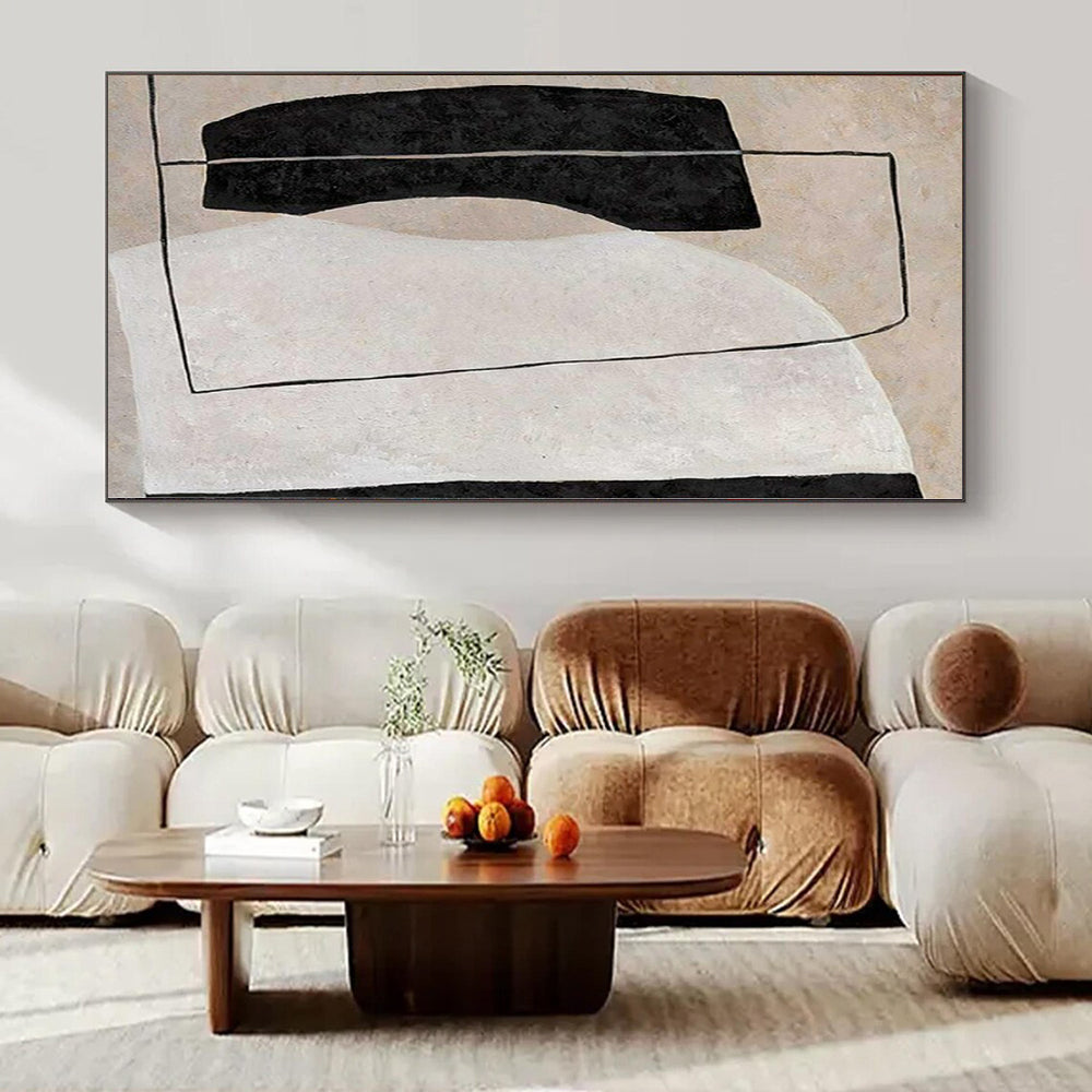 “Beige, Black, and White Geometric Composition” – Minimalist Geometric Painting(Variation) CT1123