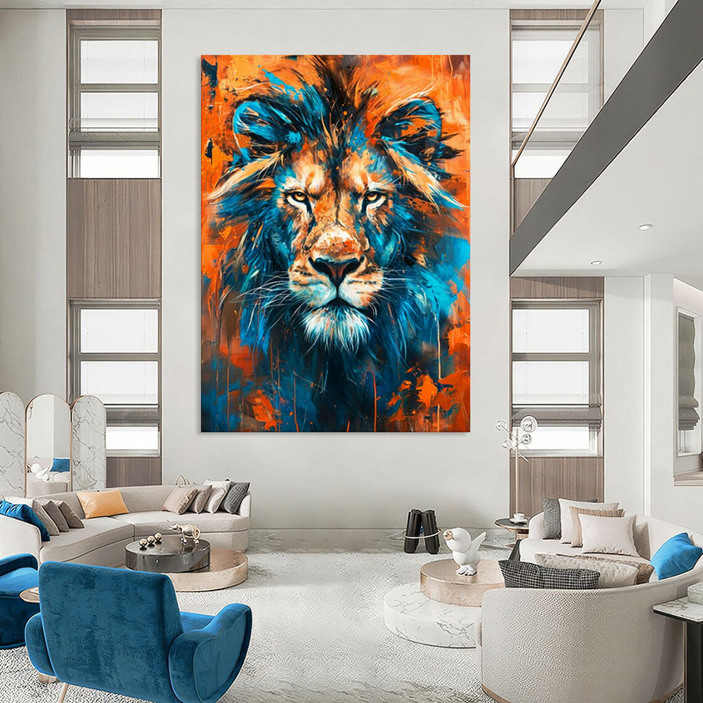 “Vibrant Lion Portrait” - Blue, Orange Dynamic Animal Painting On Canvas CT2212