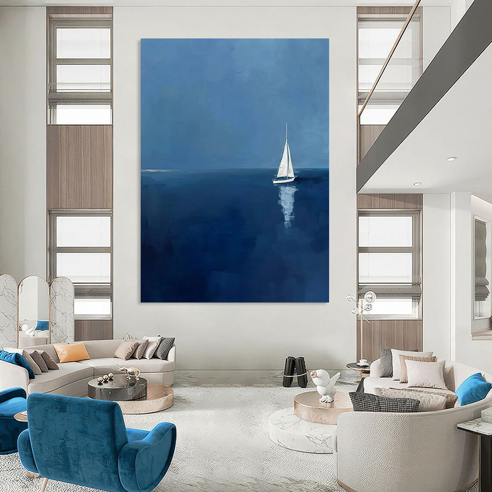 “Sailboat at Sea” - Blue & White Seascape Painting On Canvas CT2230