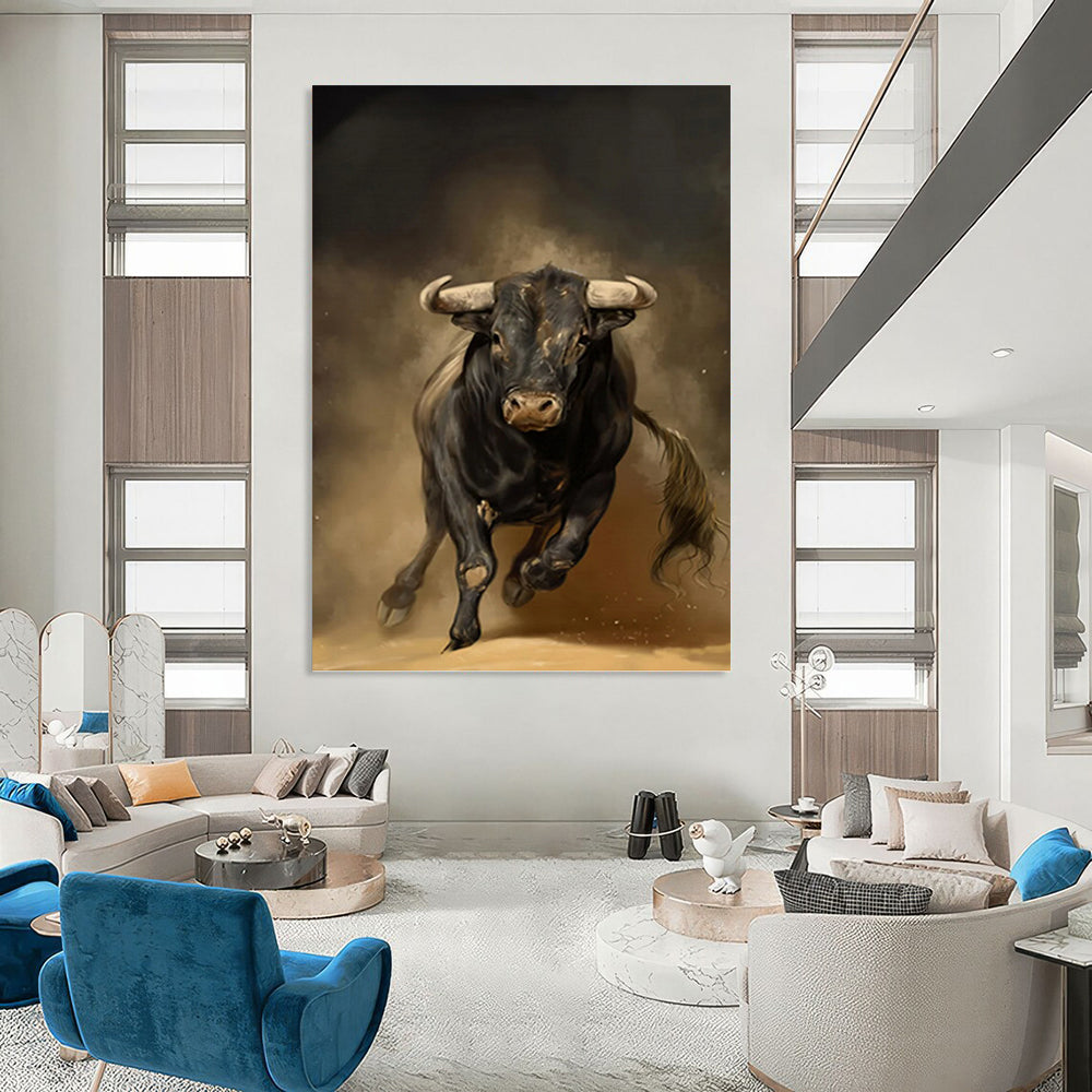 Charging Black Bull in Earthy Tones - Wildlife Painting On Canvas DKH1409
