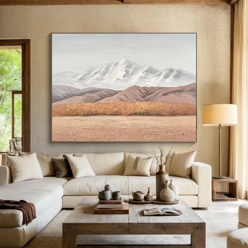 Snowy Mountain Landscape - Gray, White & Brown Landscape Painting On Canvas DKH890
