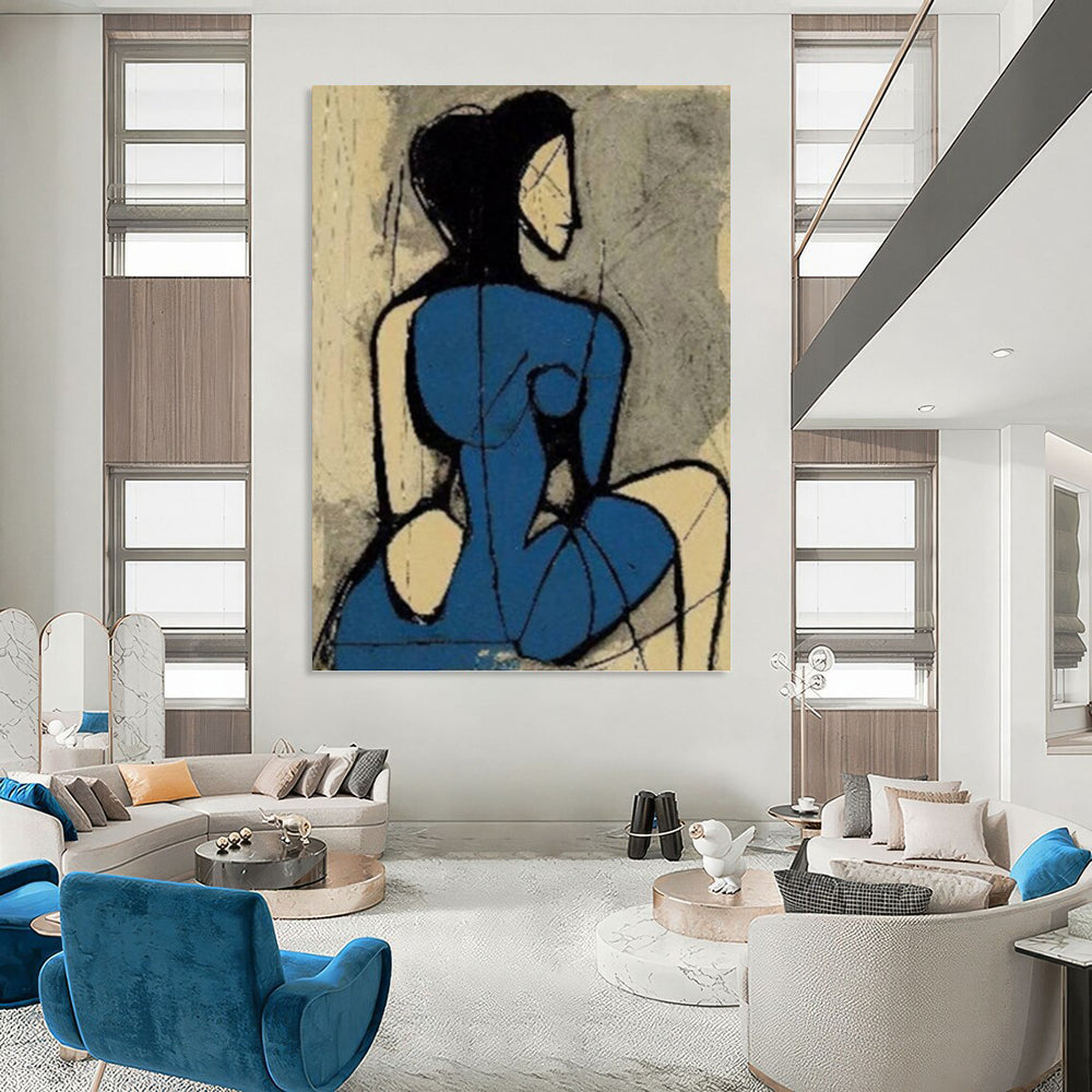 Abstract Blue - Clad Woman in Cubist Style - Figurative Painting On Canvas DKH1417