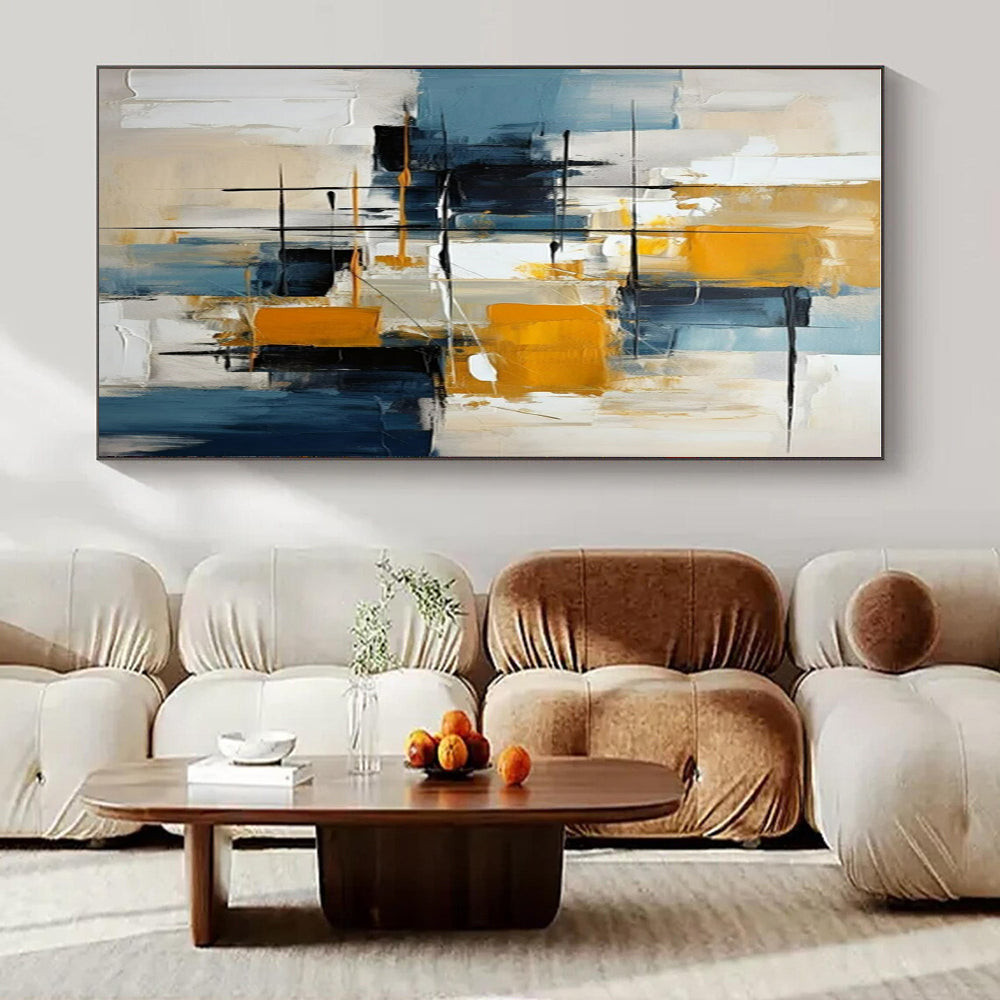 Vibrant Yellows, Blues & Neutrals, Dynamic Lines - "Urban Rhythm" - Abstract Oil Painting CT1435