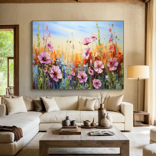 Impasto Wildflower Meadow - Pink, Orange & Blue Floral Painting On Canvas DKH903