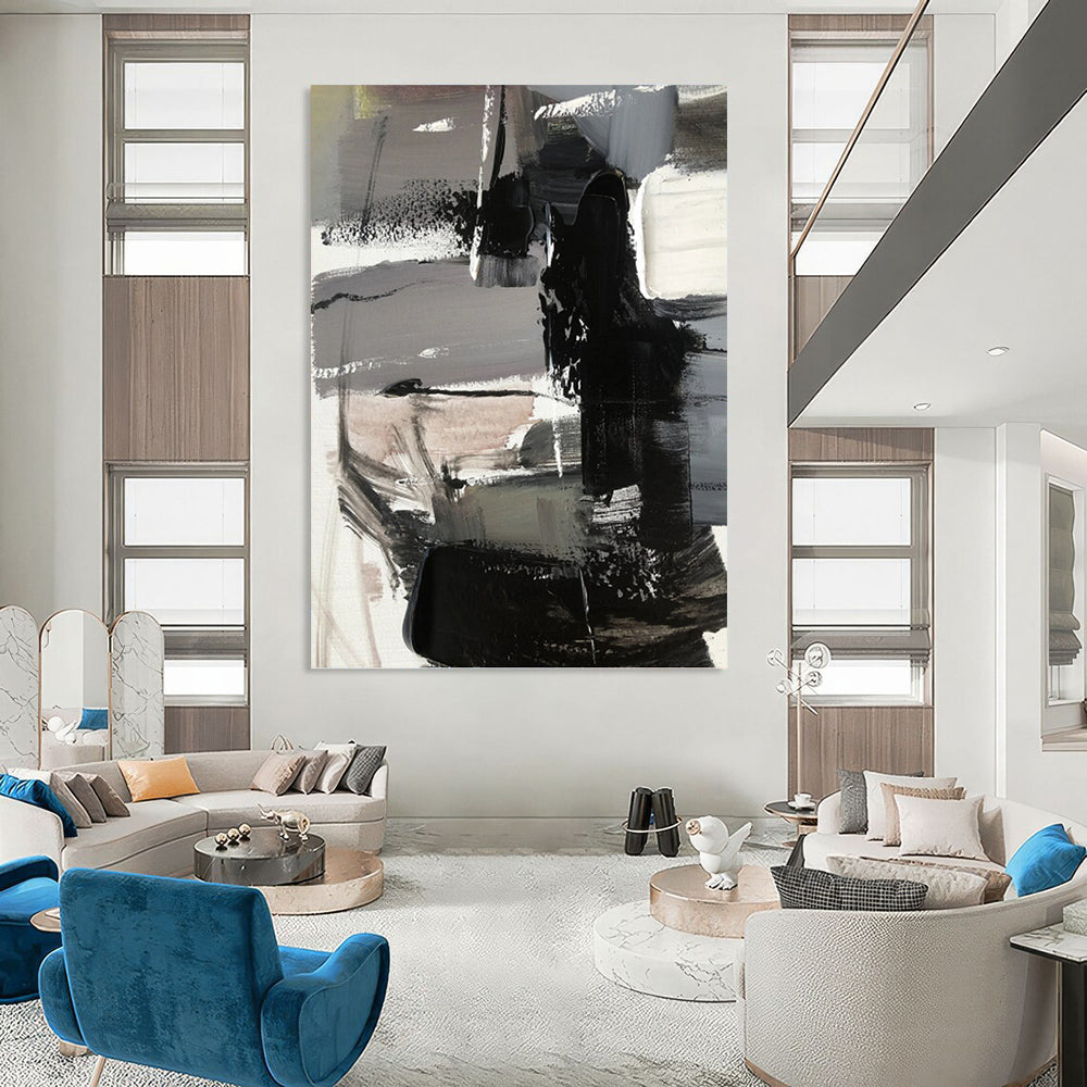 Gray & Black Abstract Forms - Abstract Composition Painting On Canvas DKH1263
