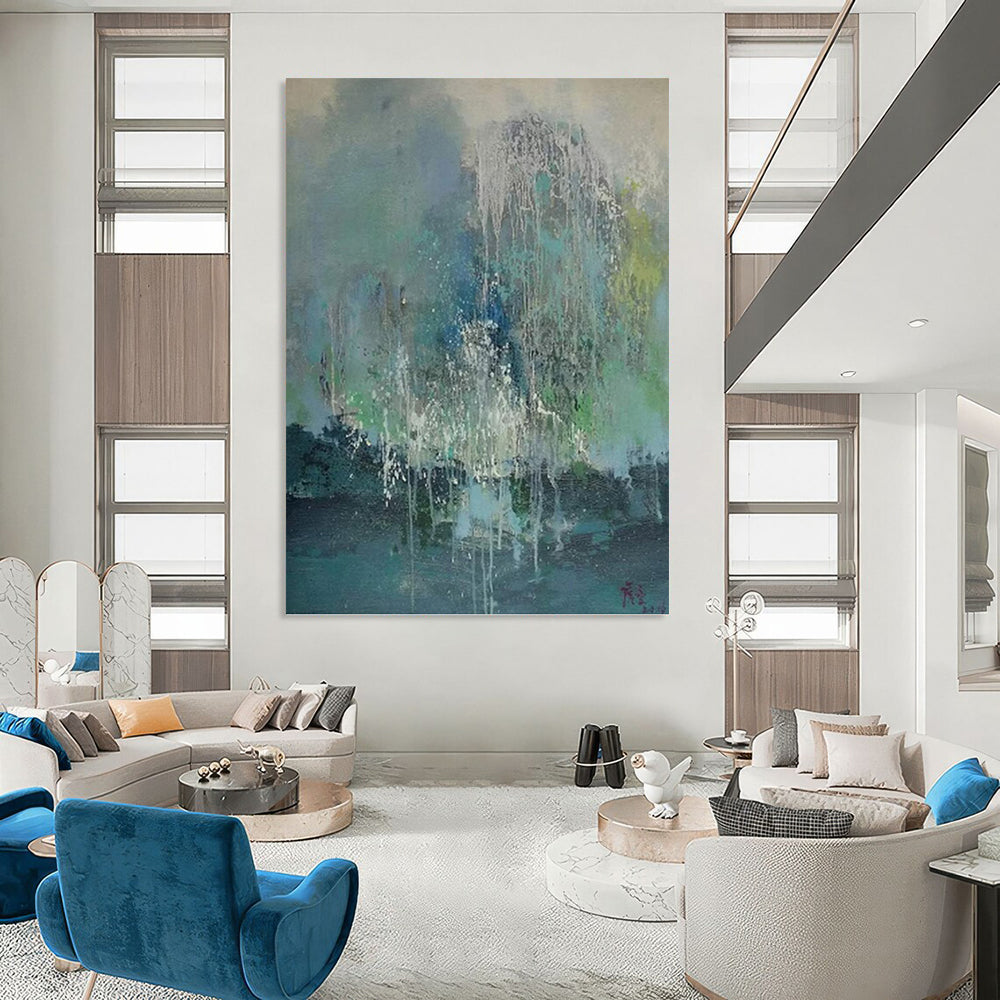 “Colorful Dripping Abstract” - Blue, Green, White & Gray Dripping Abstract Painting On Canvas DKH1199