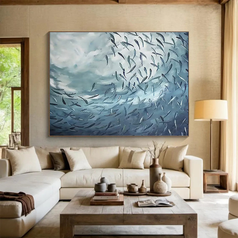 “School of Fish in Blue Depths” - Expressive Marine Painting On Canvas DKH792