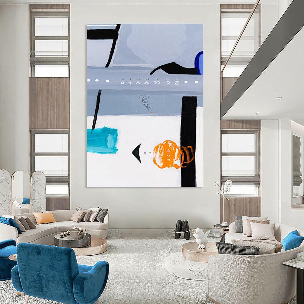 “Gray and Blue Abstract with Orange and Teal Elements” - Eclectic Abstract Painting On Canvas DKH1099