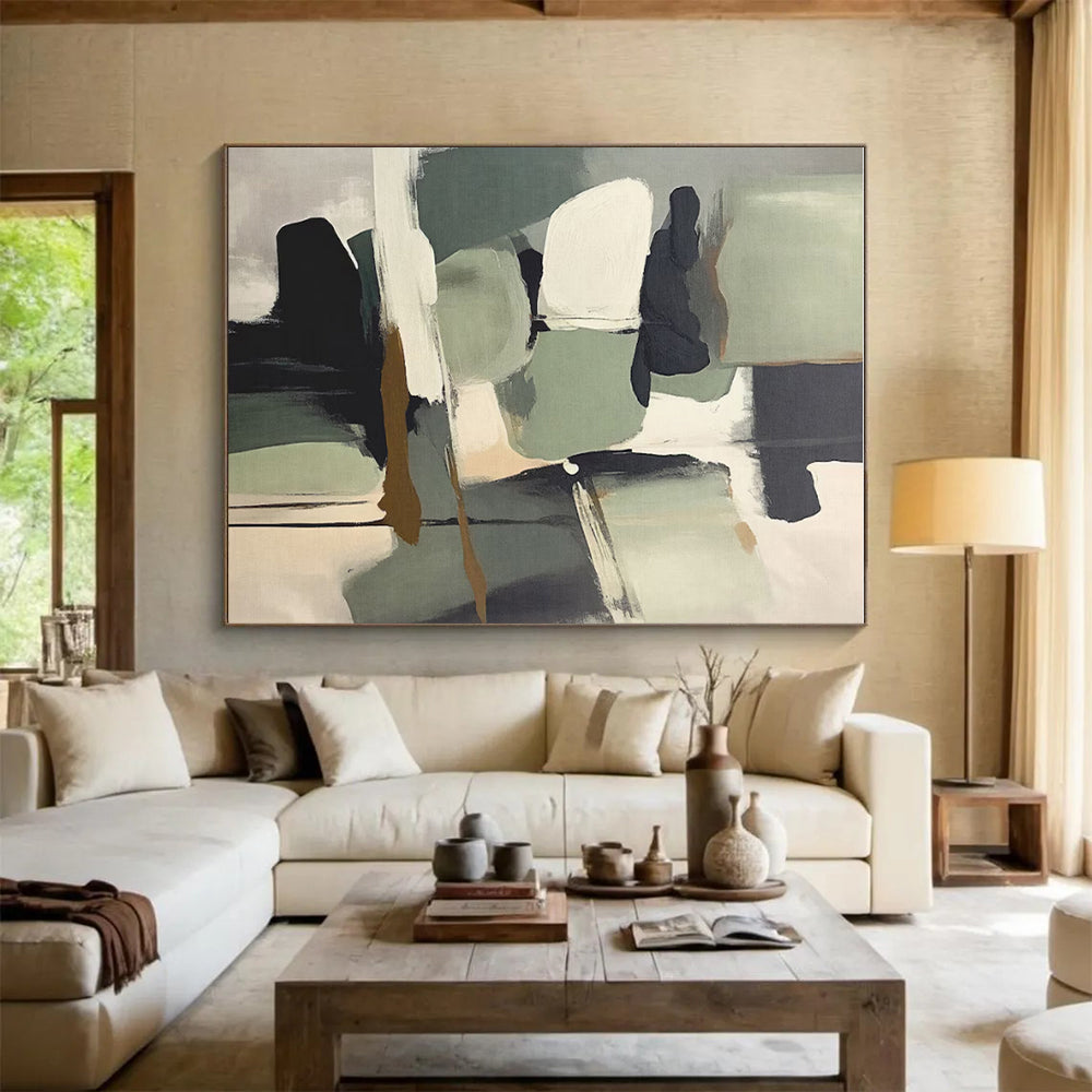 Muted Green, Gray & Black Shapes, “Nature’s Palette” - Abstract Expressionist Acrylic Painting CT0748
