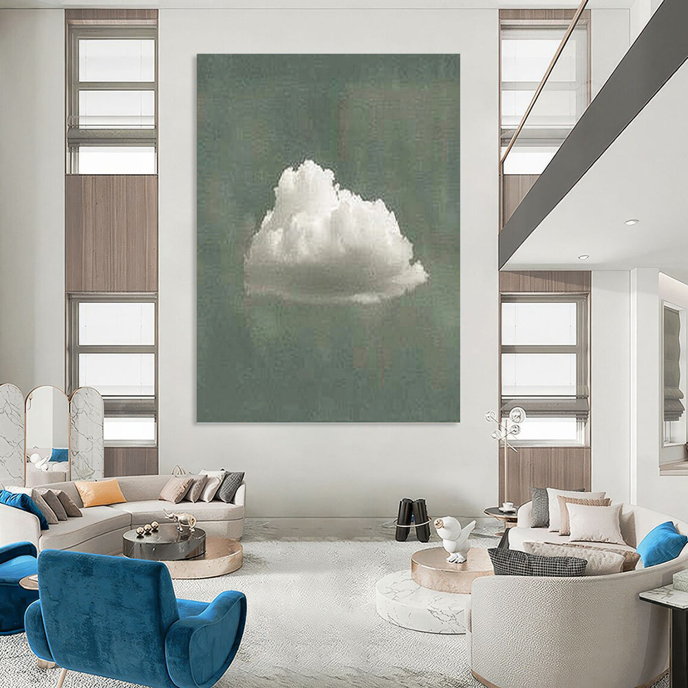 “Single White Cloud on Green” - White & Green Minimalist Painting On Canvas DKH0970