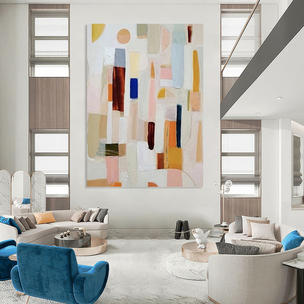 “Pastel Geometric Abstract with Various Shapes” - Cheerful Abstract Painting On Canvas DKH1113
