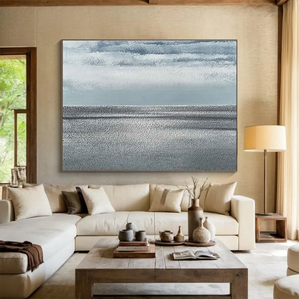 “Monochrome Sea & Sky” - Gray, White Minimalist Seascape Painting On Canvas DKH749