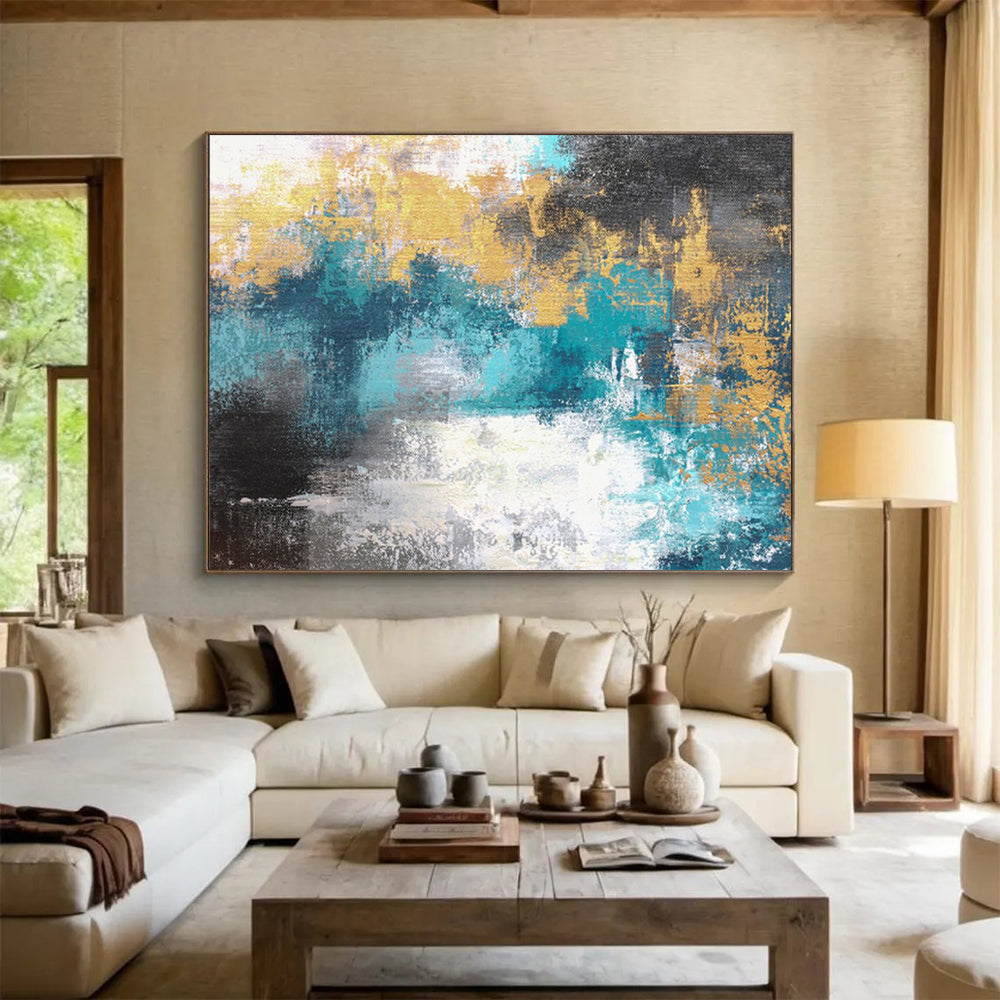 “Teal and Gold Abstract - Textured Blue - Greens and Shimmering Golds” Painting On Canvas DKH004