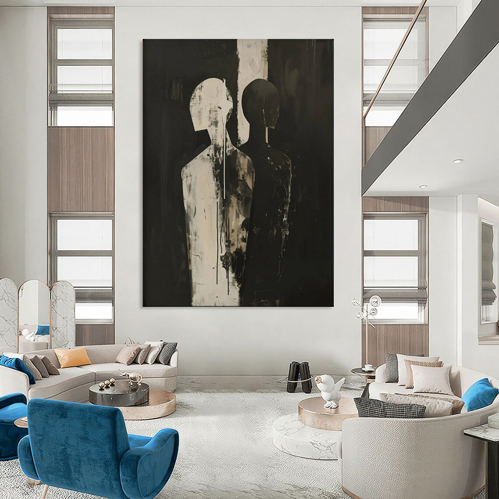 “Black and White Abstract Figures” – Expressionistic Oil Painting On Canvas CT2171